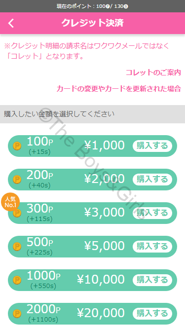 「ブロンズ」クラス時のクレジット決済のポイント料金表 「ブロンズ」クラス時のクレジット決済のポイント料金表