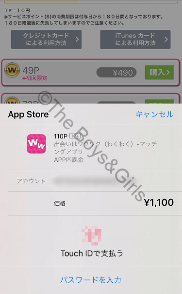 ワクワクメールで課金する際の支払い確認画面